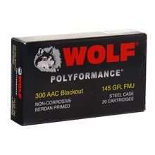 Load image into Gallery viewer, Wolf Polyformance 300 Blackout Ammo 145 Grain FMJ Steel Case 20 rounds per box

