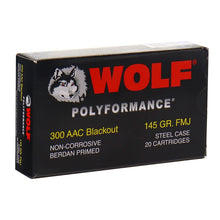 Load image into Gallery viewer, Wolf Polyformance 300 Blackout Ammo 145 Grain FMJ Steel Case 20 rounds per box