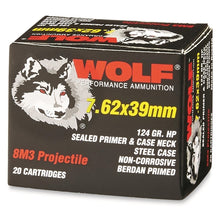 Load image into Gallery viewer, Wolf Performance 7.62x39mm Ammo 124 Grain 8M3 Hollow Point Steel Case 20rounds per box
