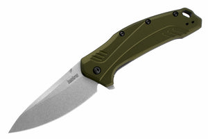 Kershaw, Link, 3.25" Folding Knife/Assisted, Drop Point, Plain Edge, CPM-20CV Stonewashed, Olive 6061-T6 Anodized Aluminum Handle