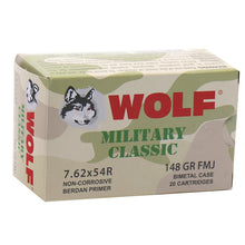 Load image into Gallery viewer, Wolf Military Classic 7.62x54R Ammo 148 Grain FMJ Bimetal Case 20 rounds per box (limited 3 per checkout)