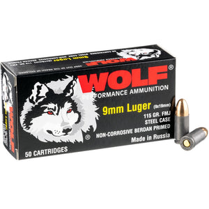 Wolf 9mm 115 steel case 50 rounds per box