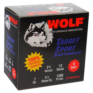 Wolf Target Sports Shotshells 12 Gauge Ammo 2 3/4" 1 oz 8 Shot(25 rounds per box)