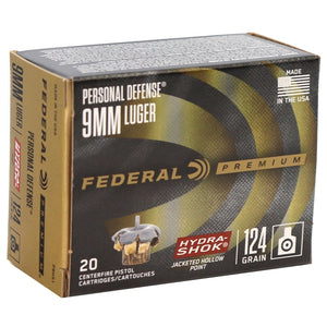 Federal Personal Defense 9mm Luger Ammo 124 Grain Hydra-Shok Jacketed Hollow Point( 20 rounds per)