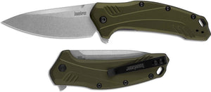 Kershaw, Link, 3.25" Folding Knife/Assisted, Drop Point, Plain Edge, CPM-20CV Stonewashed, Olive 6061-T6 Anodized Aluminum Handle