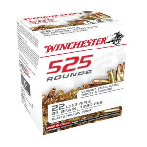 Winchester 22 Long Rifle 36 Grain Copper Plated Hollow Point 525 Rounds Per box