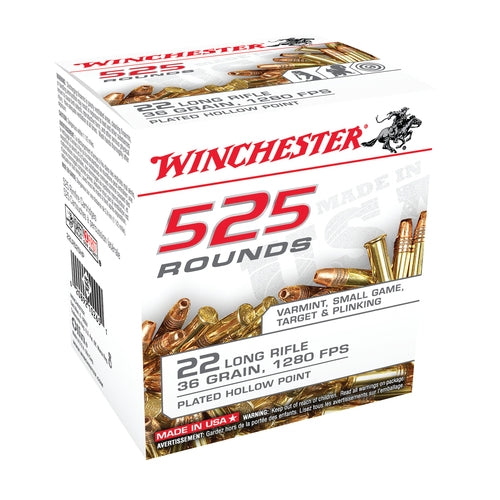 Winchester 22 Long Rifle 36 Grain Copper Plated Hollow Point 525 Rounds Per box
