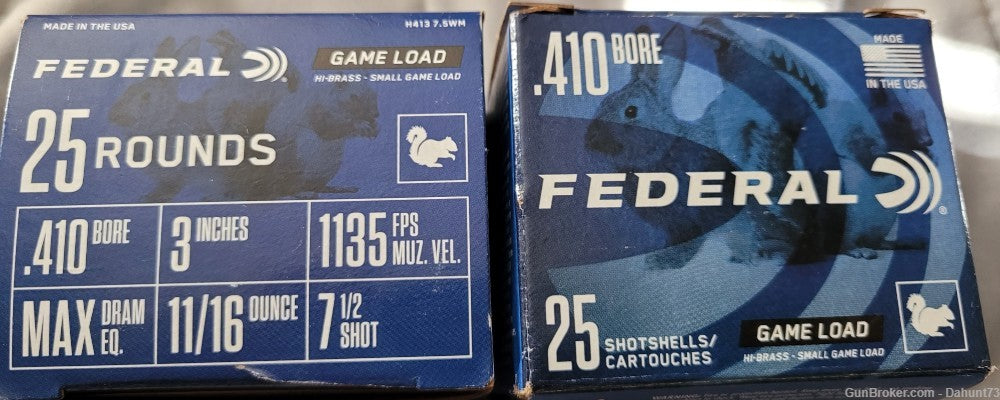 Federal .410 bore 3” INCH 11/16 oz 1135 FPS  #7 1/2 shot 25 rounds per box