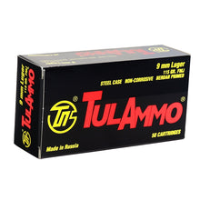 Load image into Gallery viewer, TulAmmo 9mm Luger Ammo 115 Grain limited 2 per checkout  FMJ Steel Case 50 rounds per box
