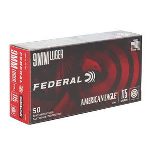 Federal American Eagle 9mm Luger Ammo 115 Grain Full Metal Jacket (50 rounds per box )