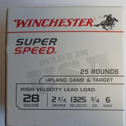 WINCHESTER SUPER SPEED 28 GAUGE  2 3/4” 1325 FPS  #6  SHOT 25 ROUNDS PER  BOX