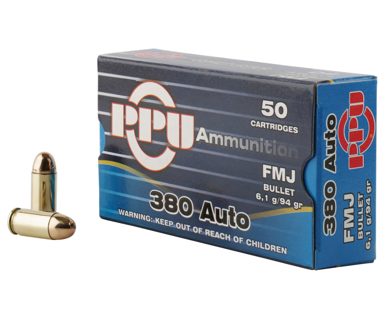 PPU CENTERFIRE HANDGUN BRASS .380 ACP 94-GRAIN 50-ROUNDS FMJ(limited one box per checkout)