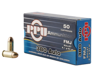 PPU CENTERFIRE HANDGUN BRASS .380 ACP 94-GRAIN 50-ROUNDS FMJ(limited one box per checkout)